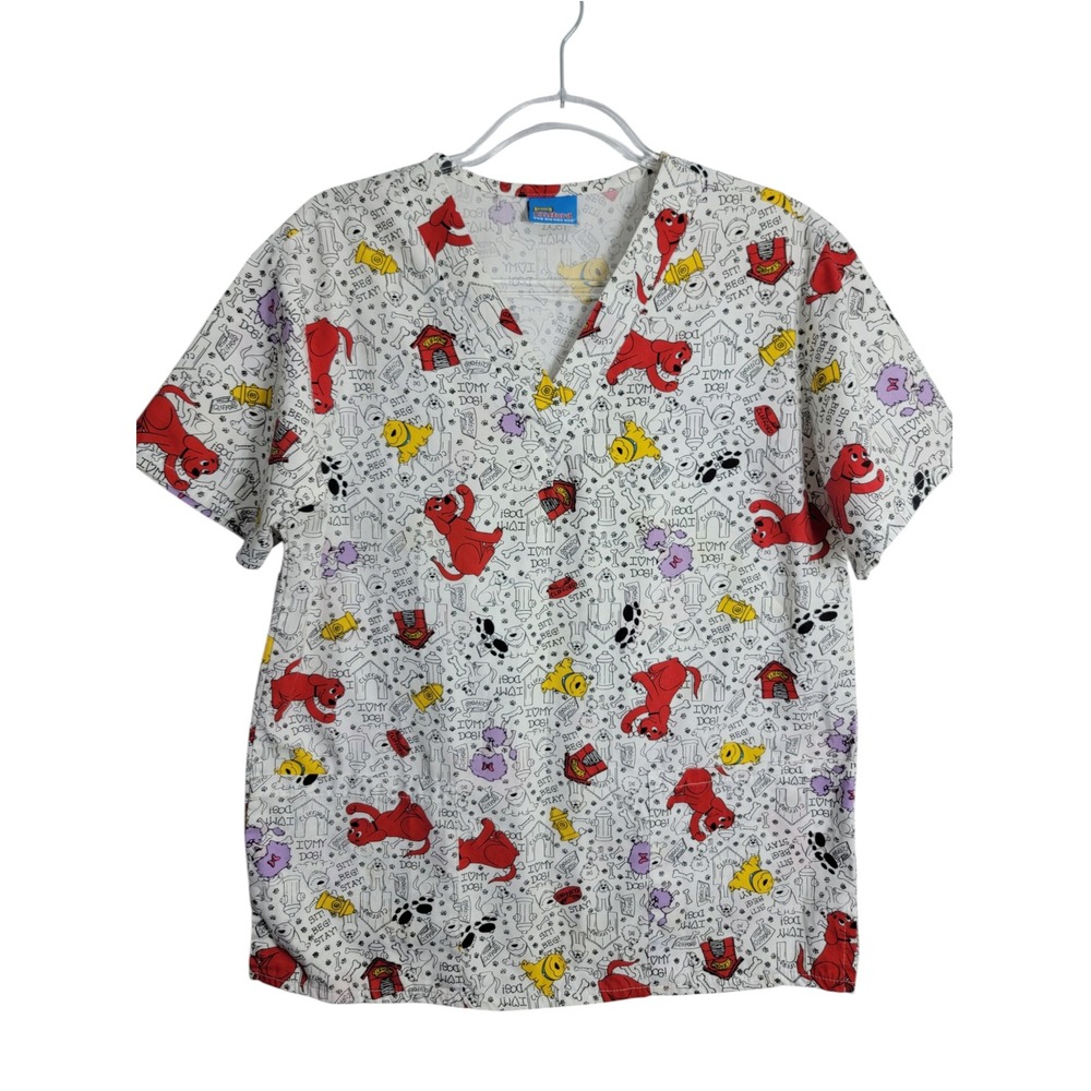 Clifford 2002 Vintage Womens M Scrub Top White Clifford The Big Red Dog V-Neck